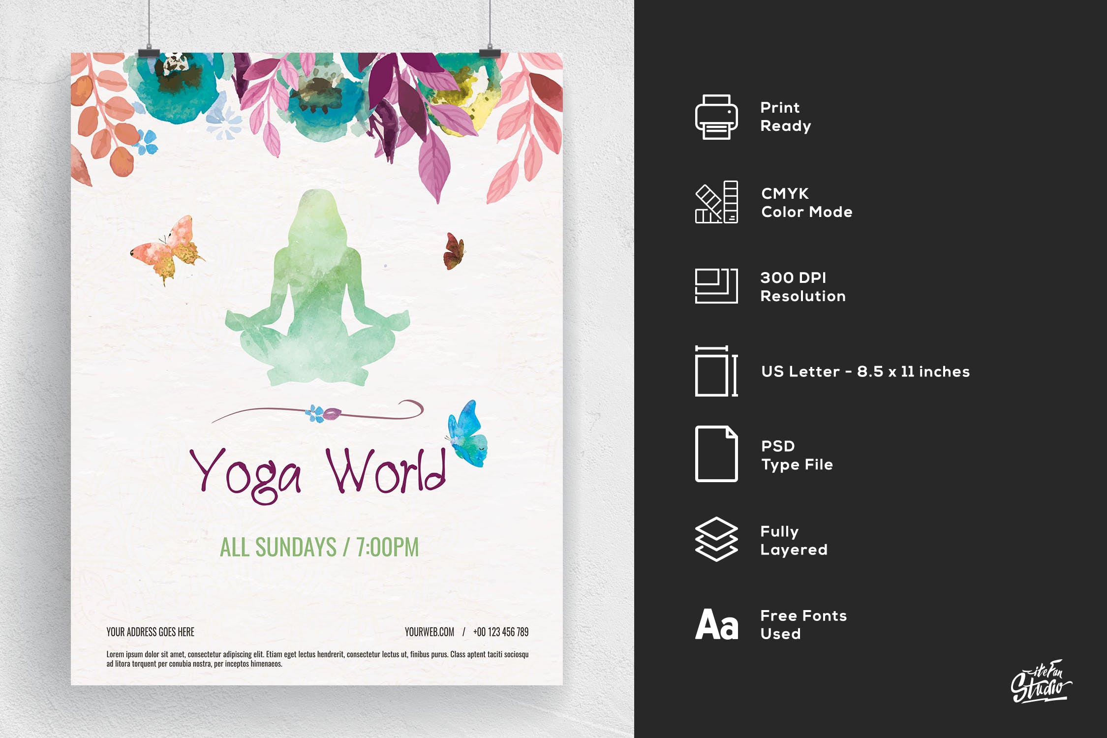 多彩水彩手绘设计风格瑜伽主题活动海报传单模板 Colorful Hand Painted Yoga World Flyer插图(1)