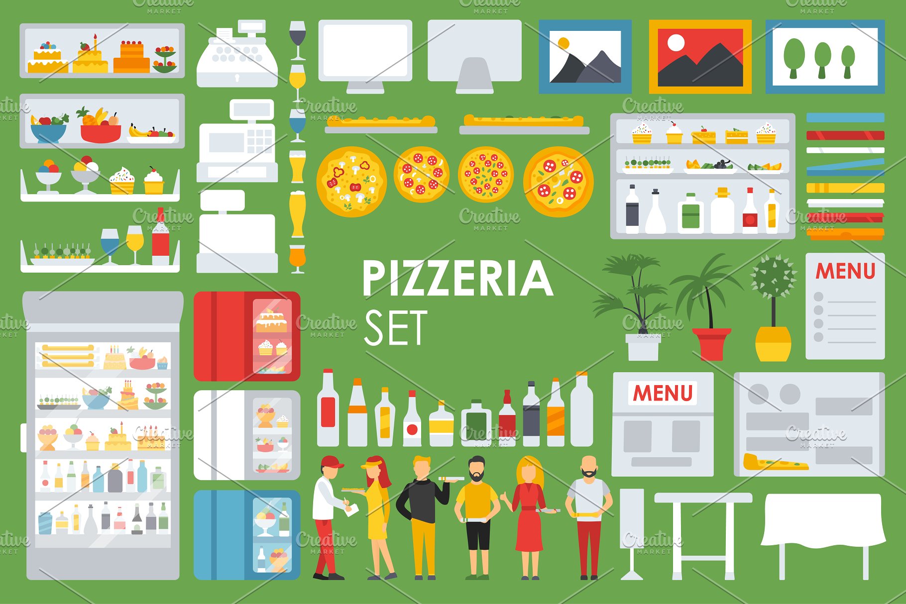 披萨店扁平设计风格设计元素 Pizzeria Flat Objects 9 collections插图(6)