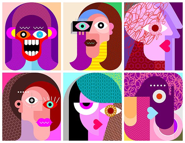 六款抽象女性人脸矢量插画素材 Six Faces / Six Characters vector illustration插图(1)