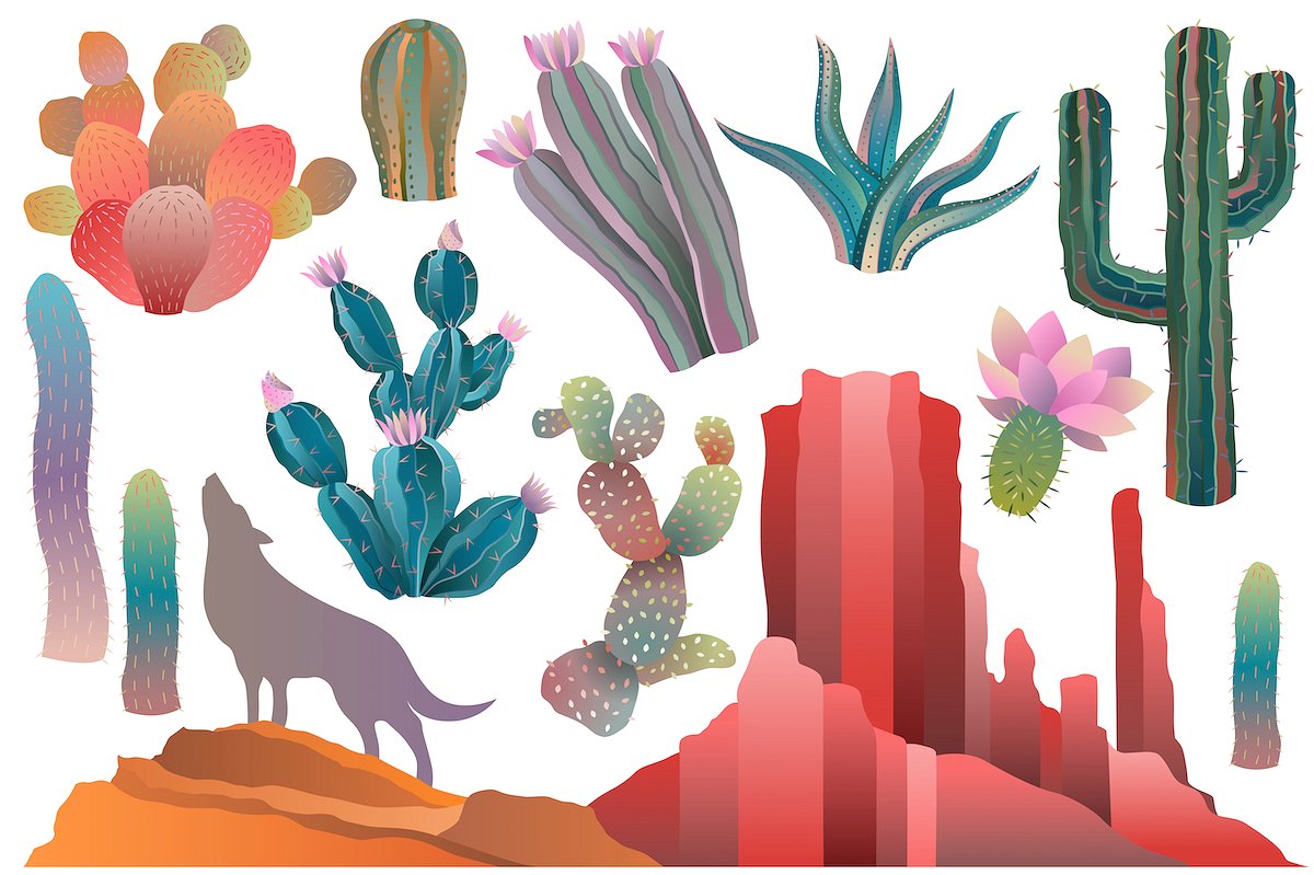 沙漠中的仙人掌矢量剪贴画 Desert & Cactus Clipart Vector, PNG插图