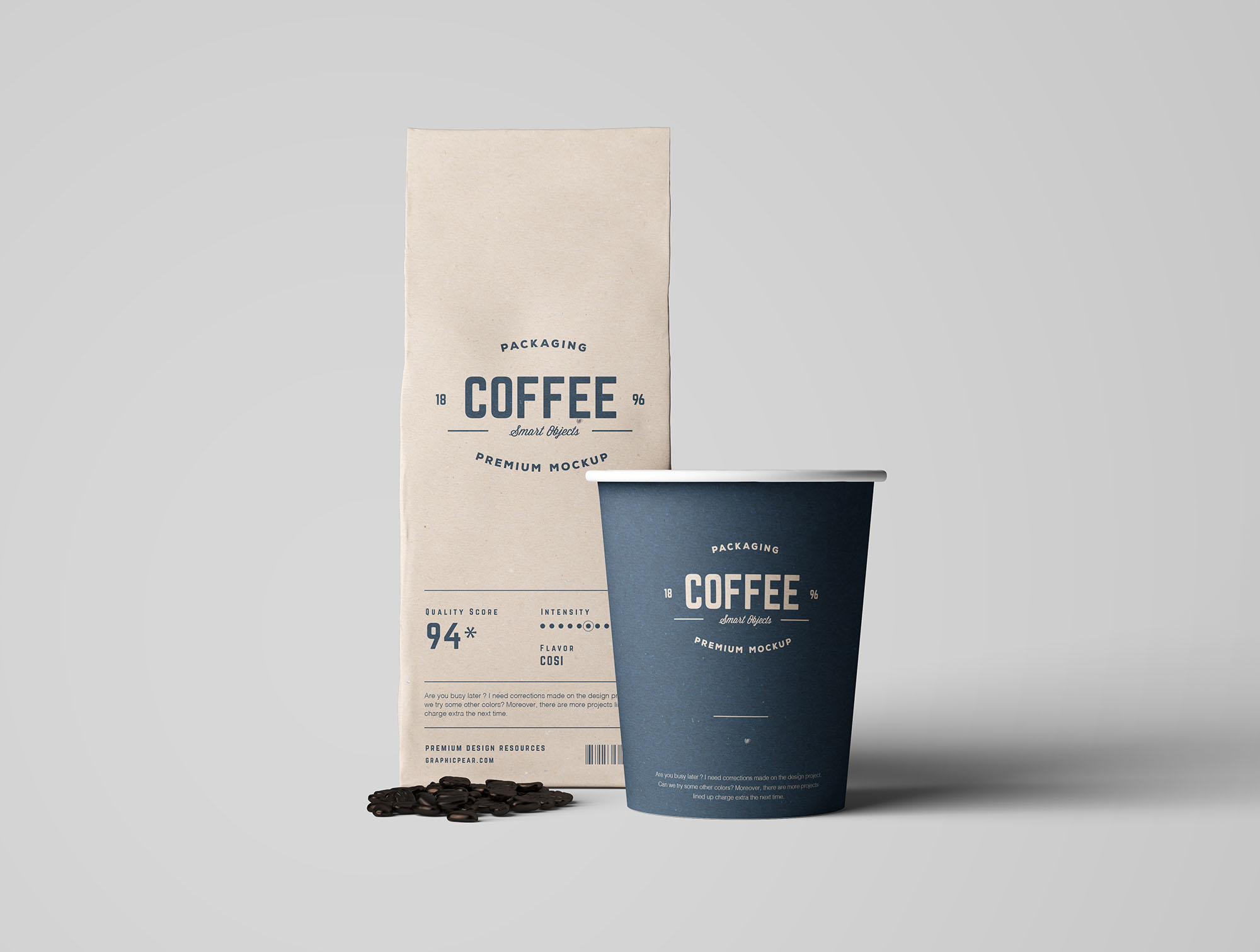 咖啡纸杯＆咖啡豆牛皮纸包装袋设计样机 Coffee Package Mockup插图(5)