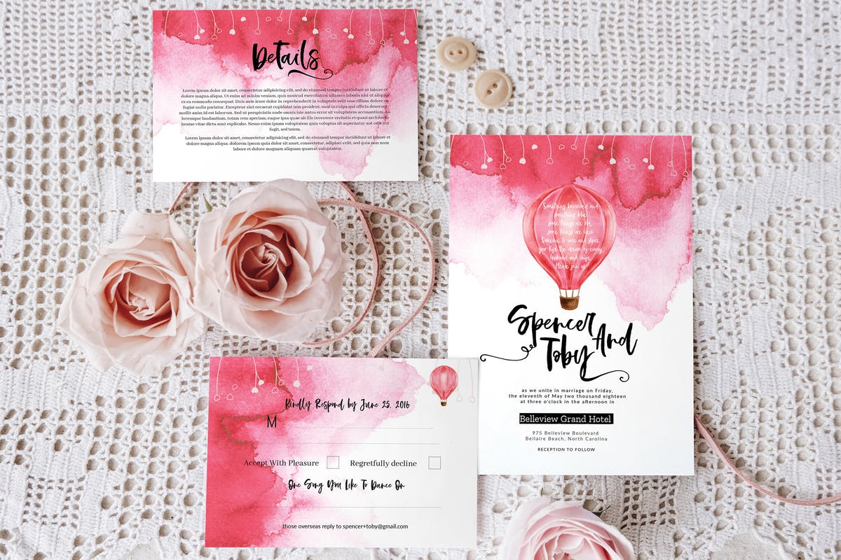 粉红水彩纹理婚礼请柬套装 Colour me pink wedding invitation set插图