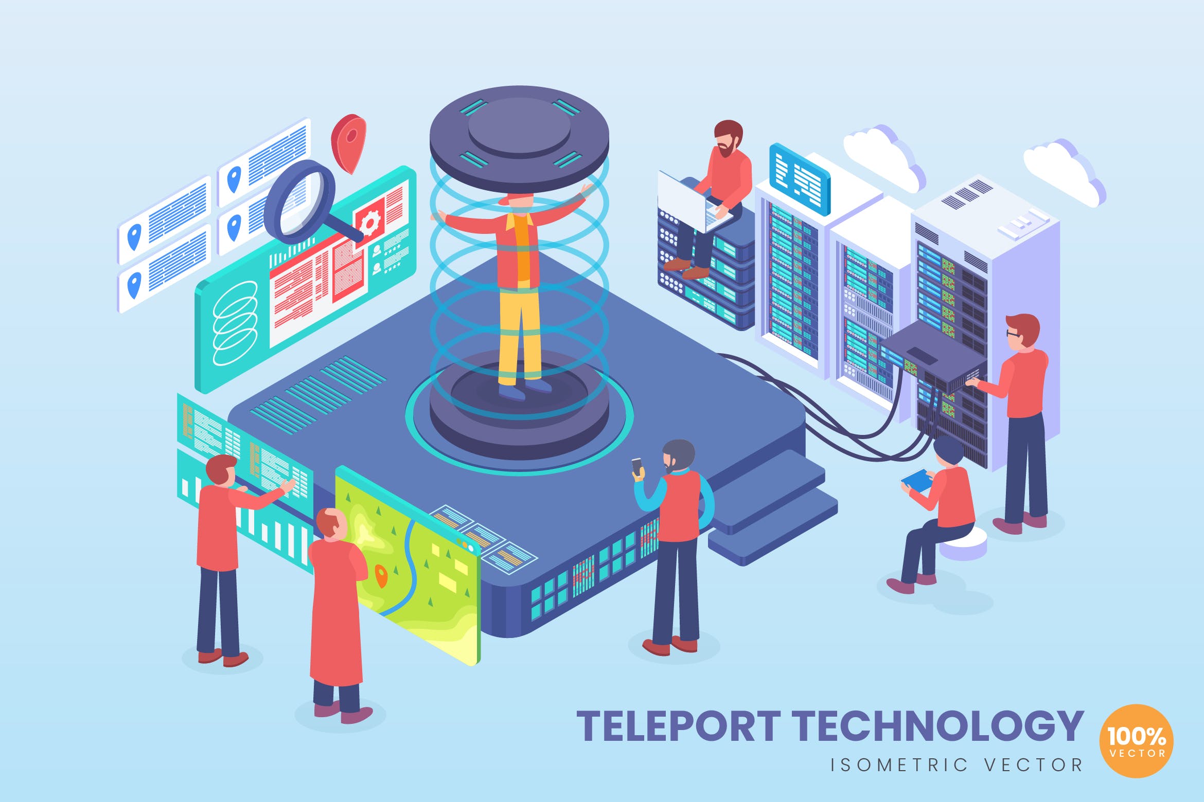 传送门未来科技主题等距矢量概念插画素材 Isometric Teleport Future Technology Vector插图