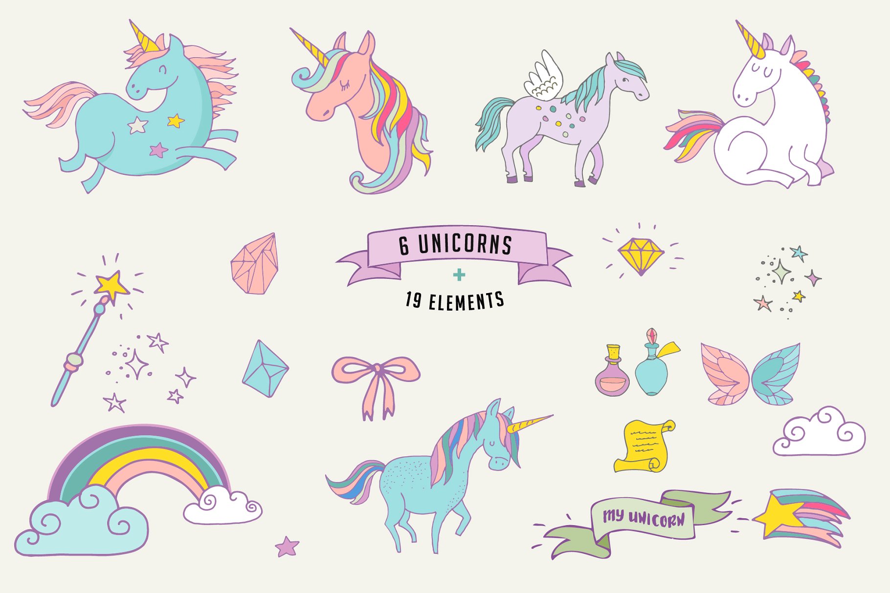 手绘魔法独角兽插图元素 Magic Unicorns collection插图(1)
