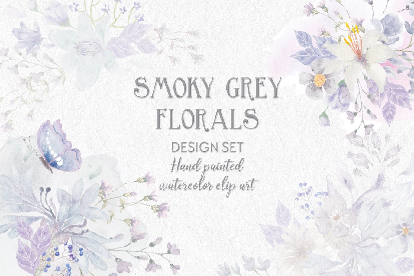 烟灰色水彩花卉手绘图案PNG素材 Smoky Grey Florals Watercolor Design Set插图