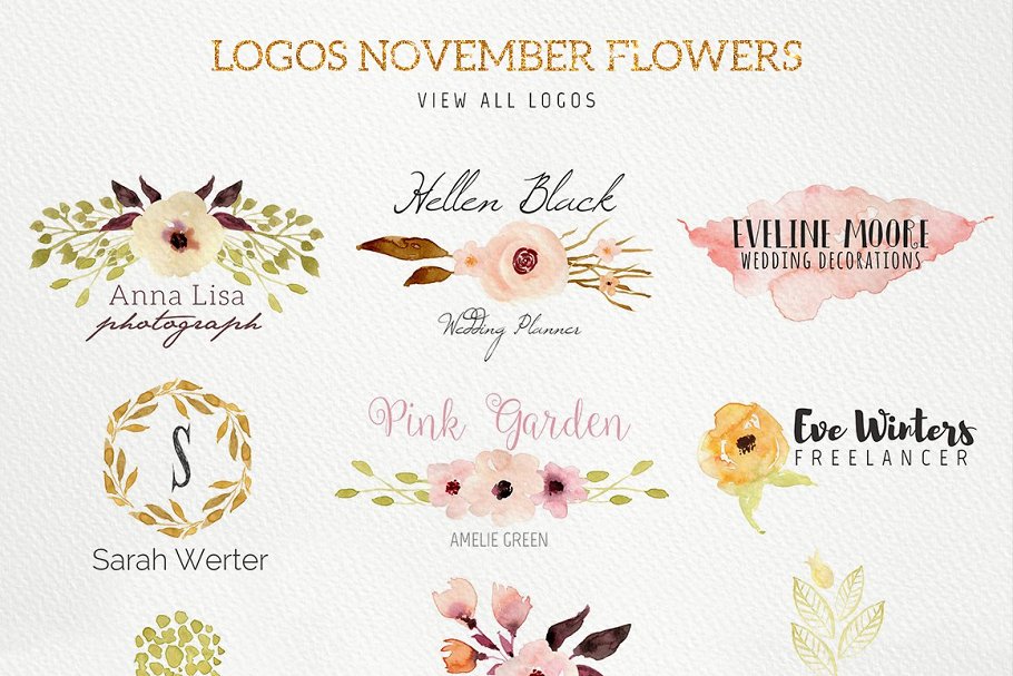 水彩花卉设计素材+12个花卉Logo模板 November Flowers插图(1)