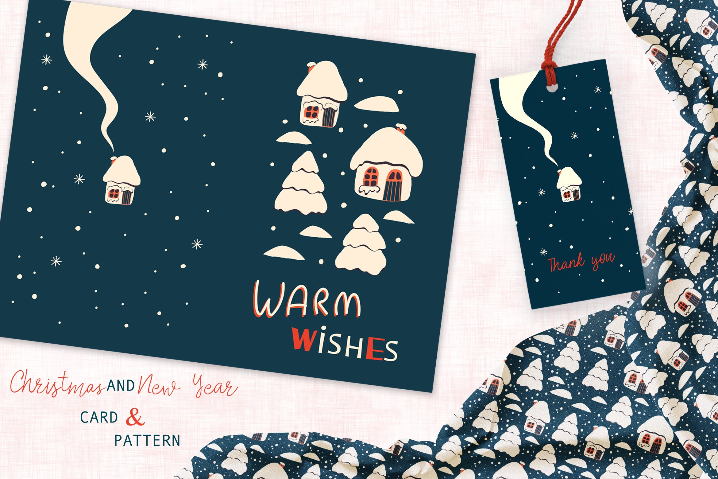 圣诞屋手绘图案背景素材/贺卡设计模板 Christmas Houses Greeting Card and Pattern插图