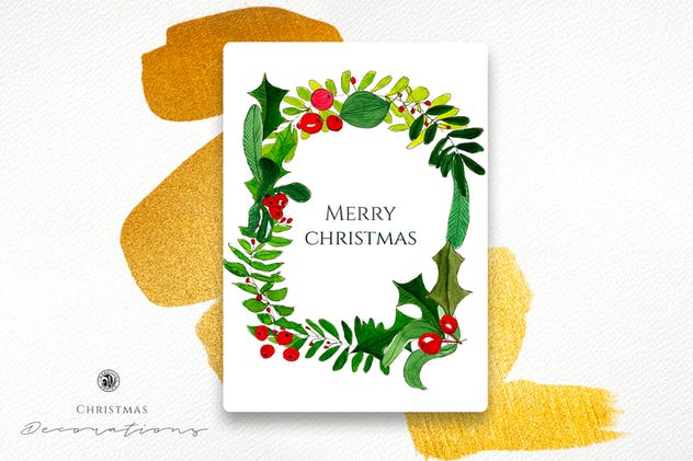 圣诞装饰绿色花环水彩插画素材 Watercolor Christmas Decorations插图2