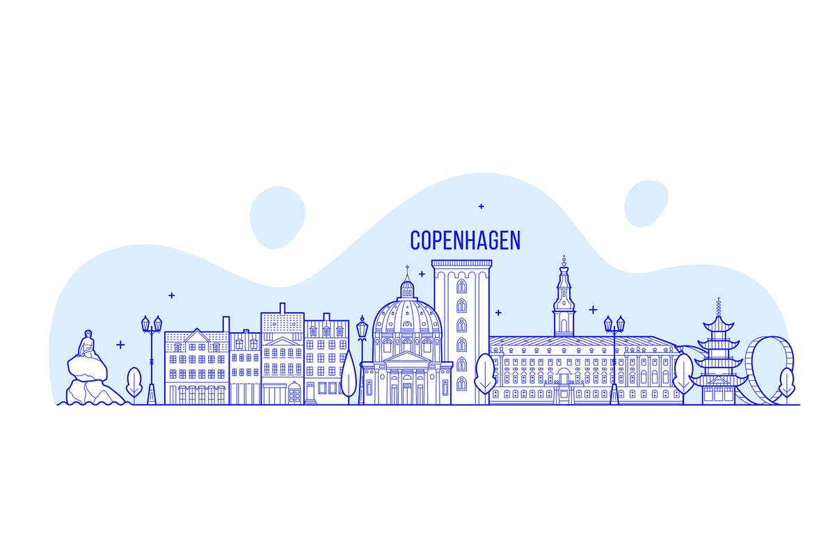 丹麦哥本哈根城市天际线矢量插画 Copenhagen skyline, Denmark[AI, PNG, JPG]插图