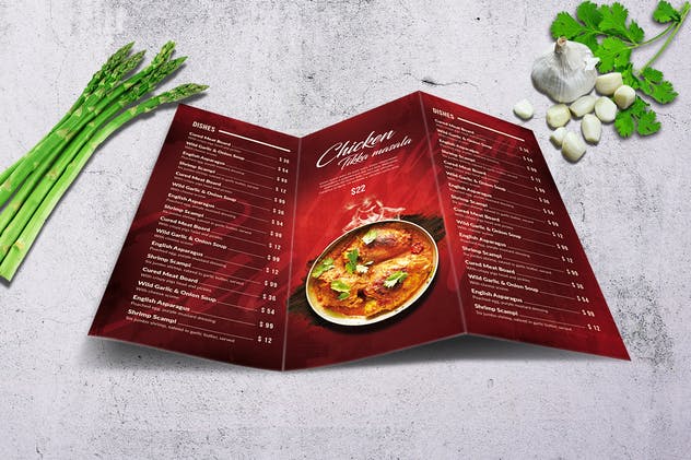 印度咖喱餐厅三折页食物菜单设计模板 Curry Indian Trifold Food Menu A4 & US Letter插图(2)