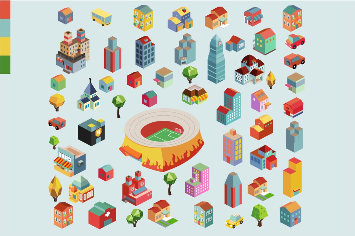 多彩等距城市场景矢量插画v3 Colorful vector isometric city插图