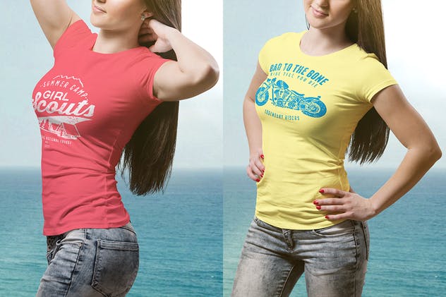 圆领T恤性感模特上身效果样机模板 Crew Neck T-shirt Mock-up Female Version插图3