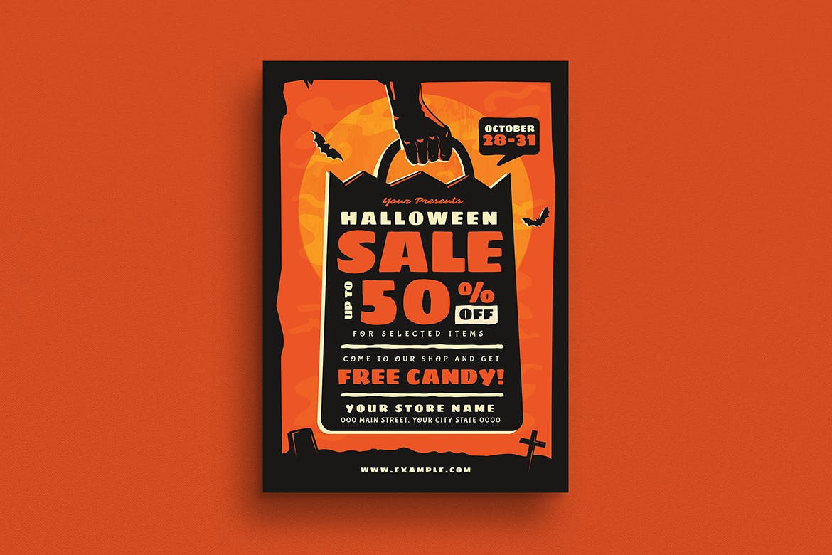 万圣节店铺促销活动海报传单设计模板 Halloween Sale Event Flyer插图1