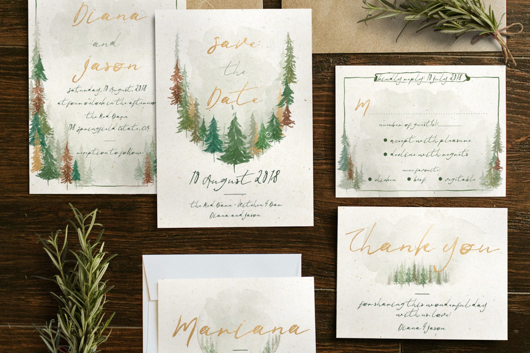 水彩森林背景婚礼设计物料模板 Watercolor Forest Wedding Suite插图