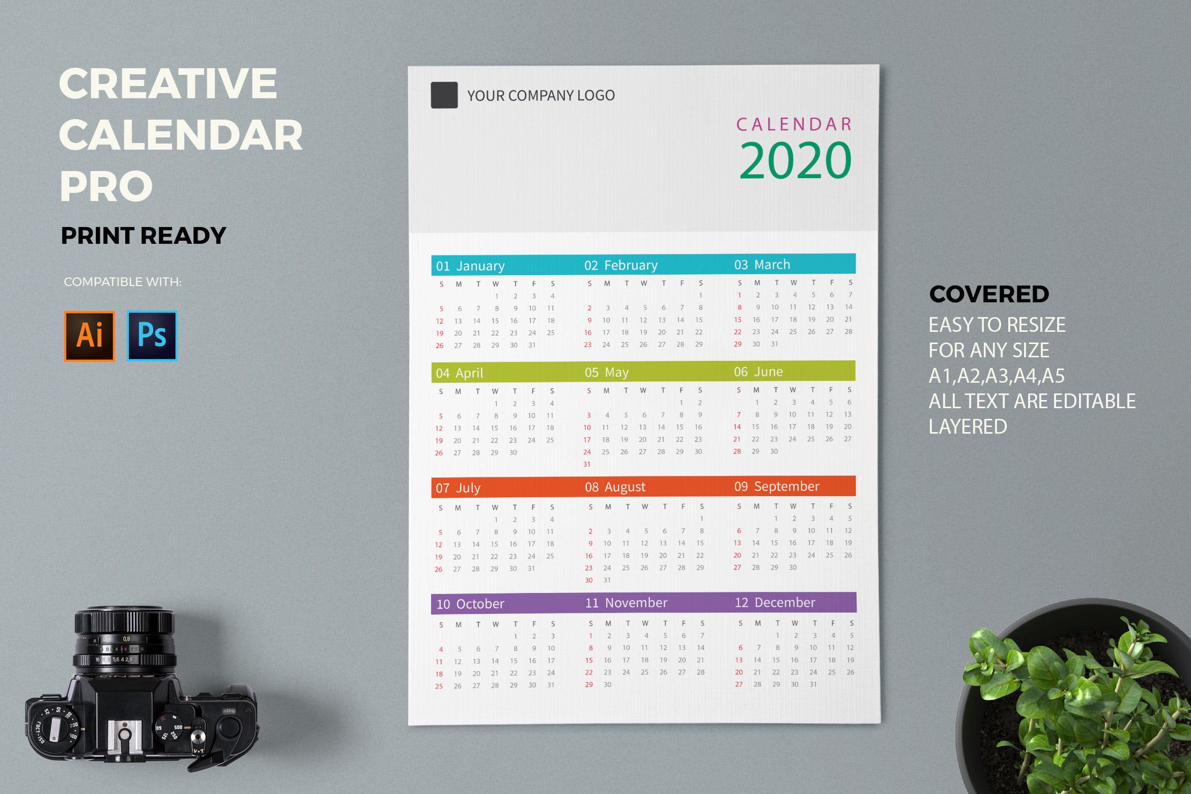 彩色表格版式2020日历表年历设计模板 Creative Calendar Pro 2020插图