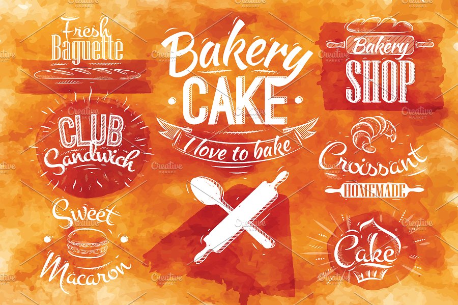 复古手绘面包店烘焙符号设计插画 Bakery characters retro插图