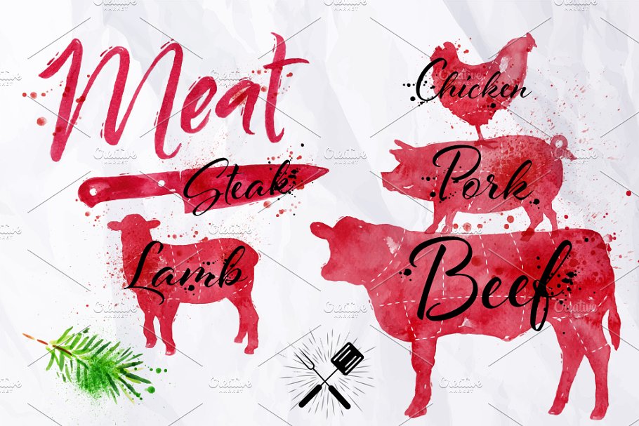水彩肉类符号 Watercolor Meat Silhoettes插图