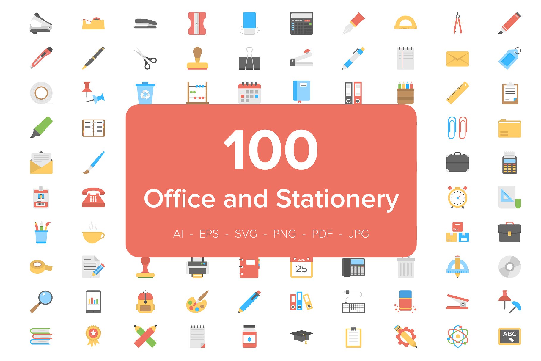 100枚办公及文具主题扁平图标 100 Office and Stationery Flat Icons插图