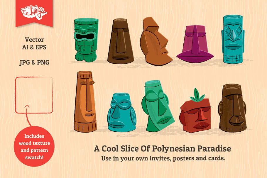 10款夏威夷经典TIKI玩偶矢量图形 Tiki Idol Vector Illustrations插图(1)