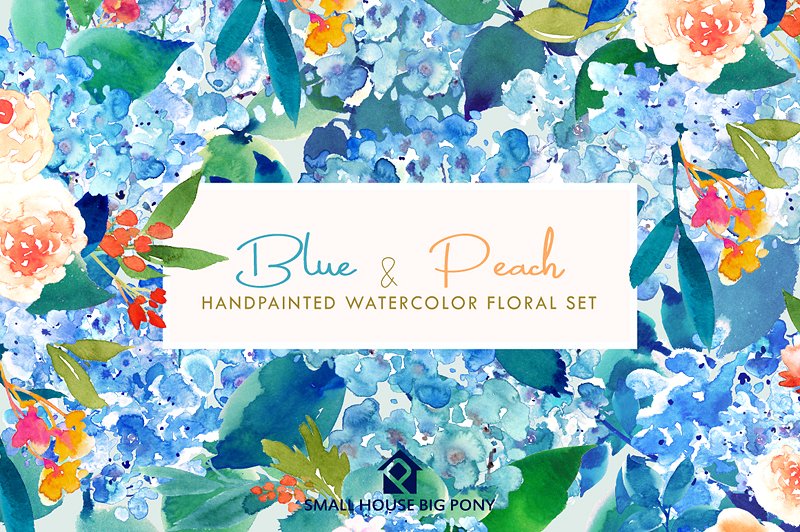 蓝色和桃色-水彩花卉元素套装 Blue & Peach- Watercolor Floral Set插图1
