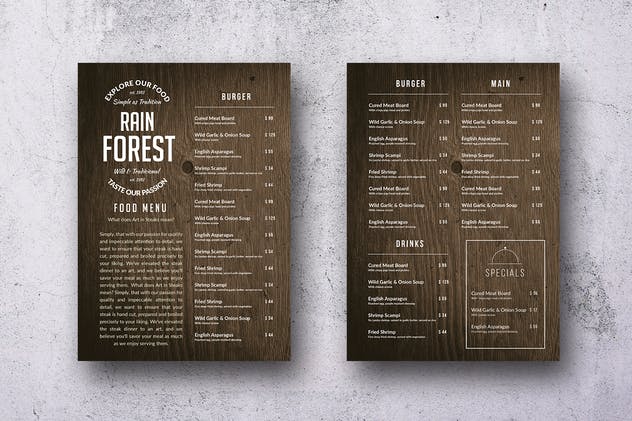 复古木纹背景单页餐厅菜单设计PSD模板Rain Forest Single Page Menu A4 