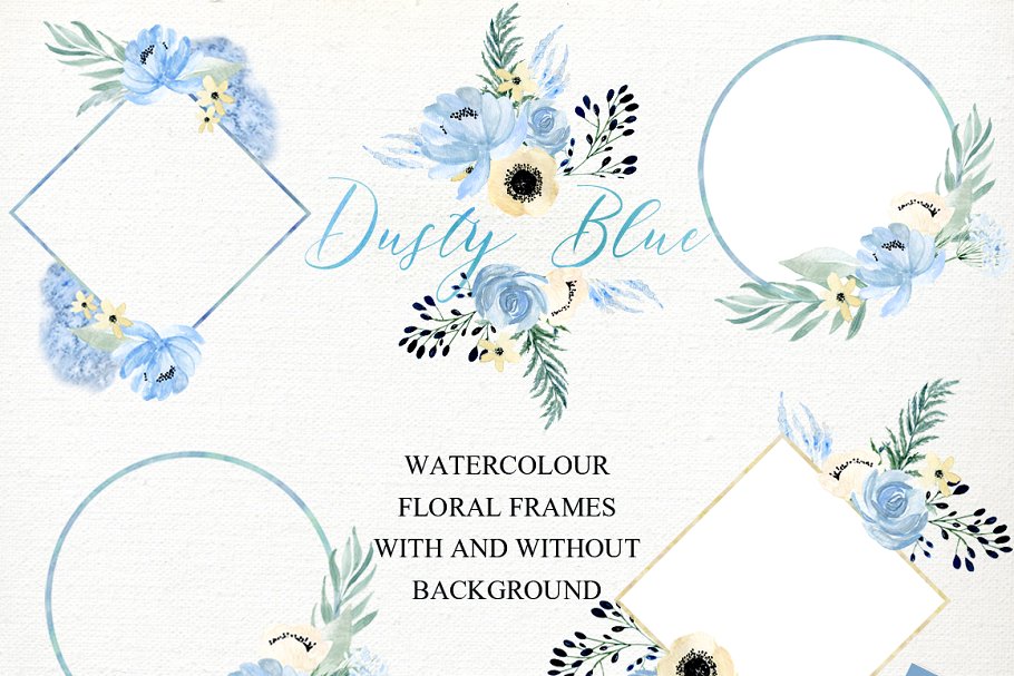 灰蓝色&金色水彩花卉图案 Dusty blue gold. Watercolor floral插图(3)