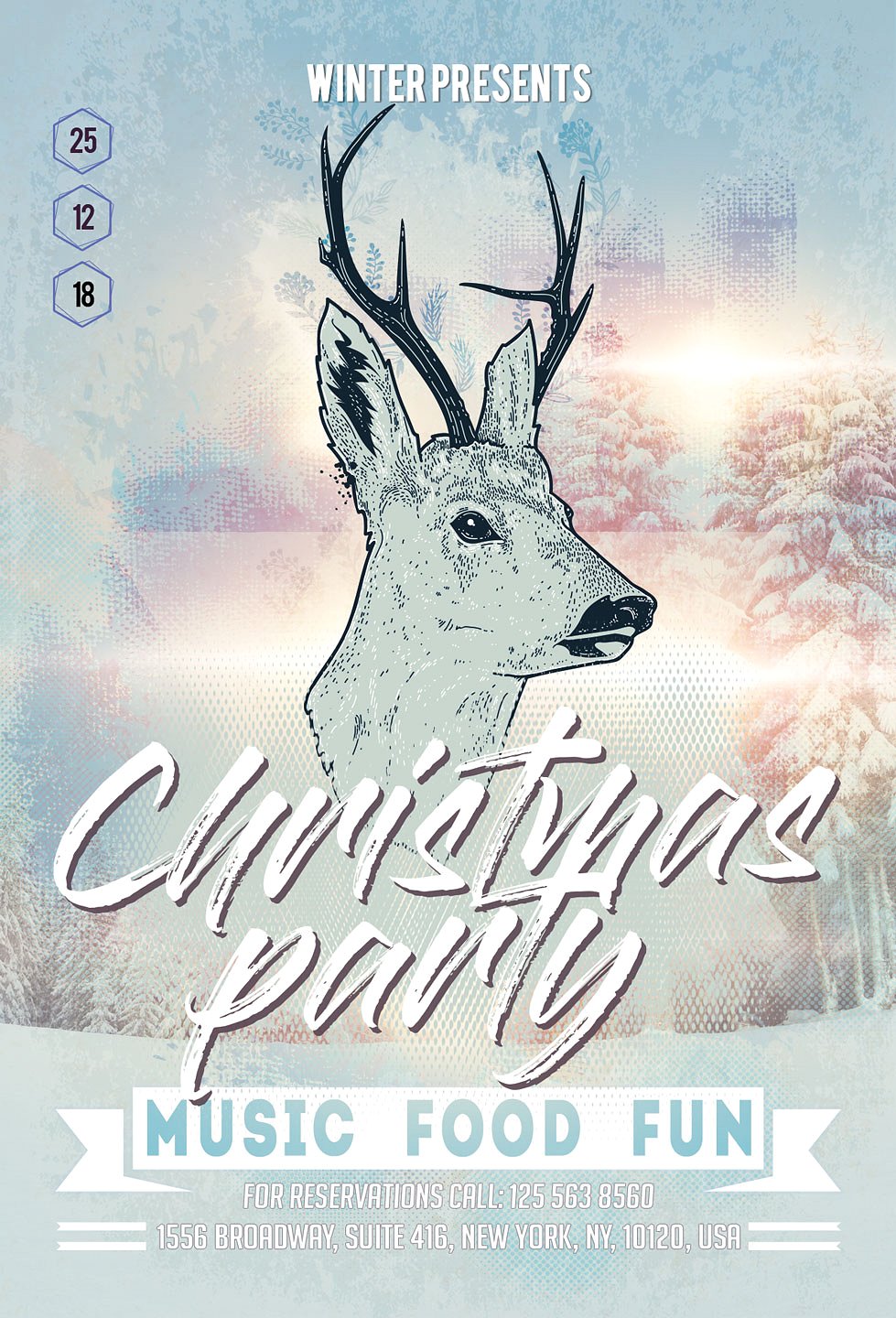 冬季驯鹿风格的圣诞节新年海报模板 Christmas New Year Party Flyer [psd]插图