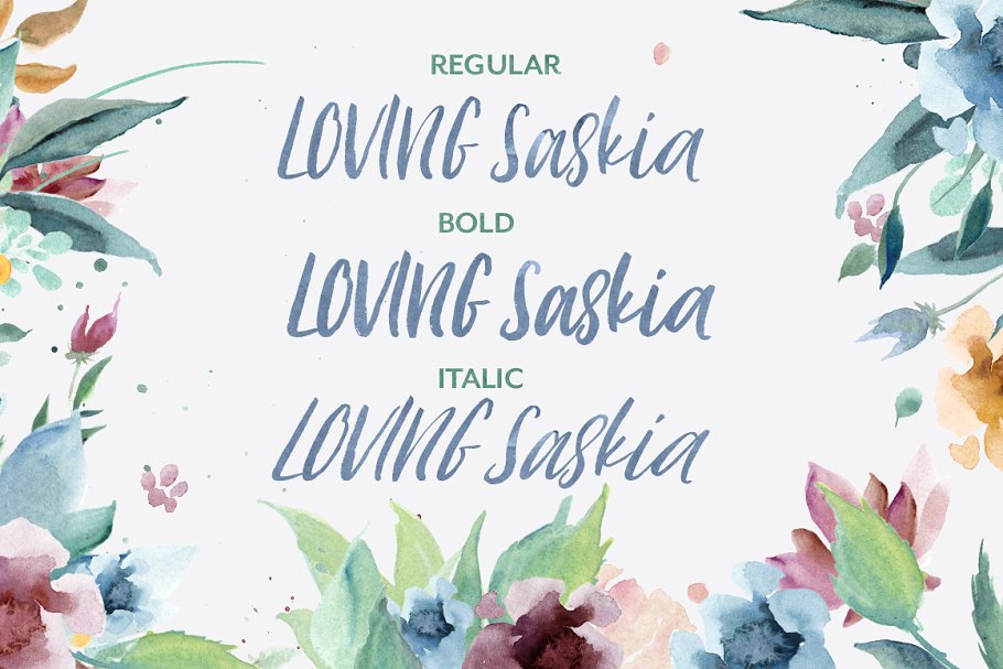 手写英文字体&手绘水彩花卉剪贴画 Loving Saskia Font & Graphics Bundle插图7