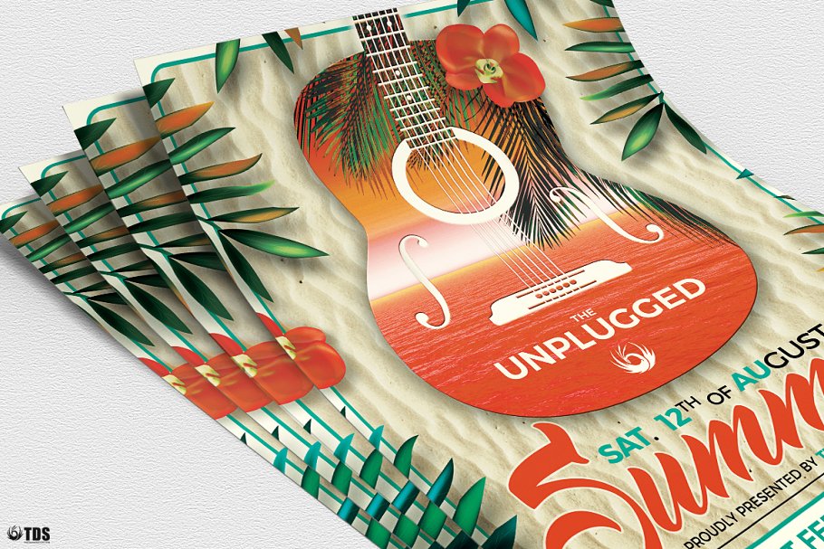 夏季电吉他独奏音乐表演宣传PSD模板V2 Summer Unplugged Flyer PSD V2插图(4)