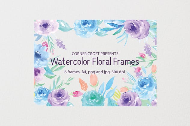 蓝色&紫色水彩花卉框架插画 Watercolor Floral Frame Blue and Purple插图(4)