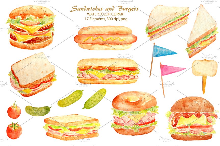 手绘水彩三明治＆汉堡剪贴画 Watercolor Sandwich Burger Hotdog插图