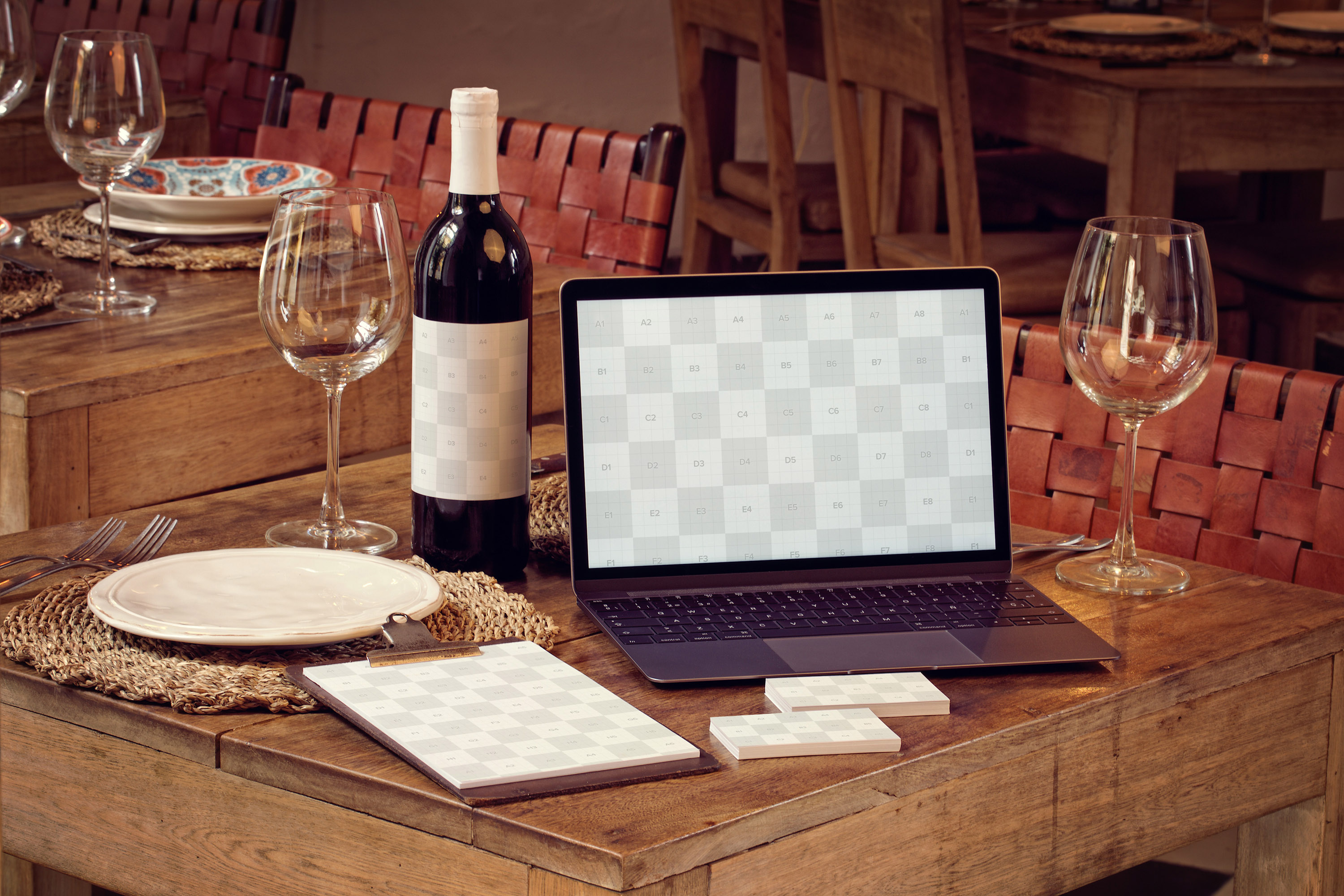高级餐厅VI视觉设计酒瓶/MacBook/名片/菜单样机模板 Wine Bottle, MacBook, Business Cards and Menu Mockup插图(1)