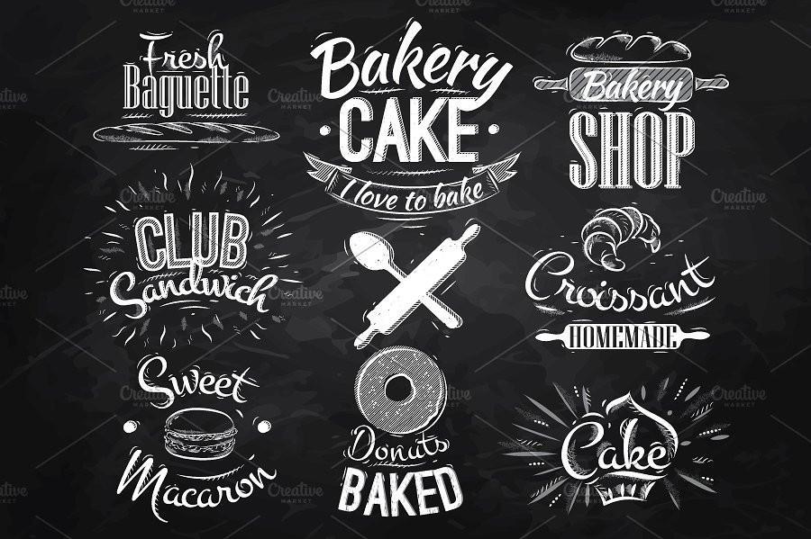 复古手绘面包店烘焙符号设计插画 Bakery characters retro插图(3)