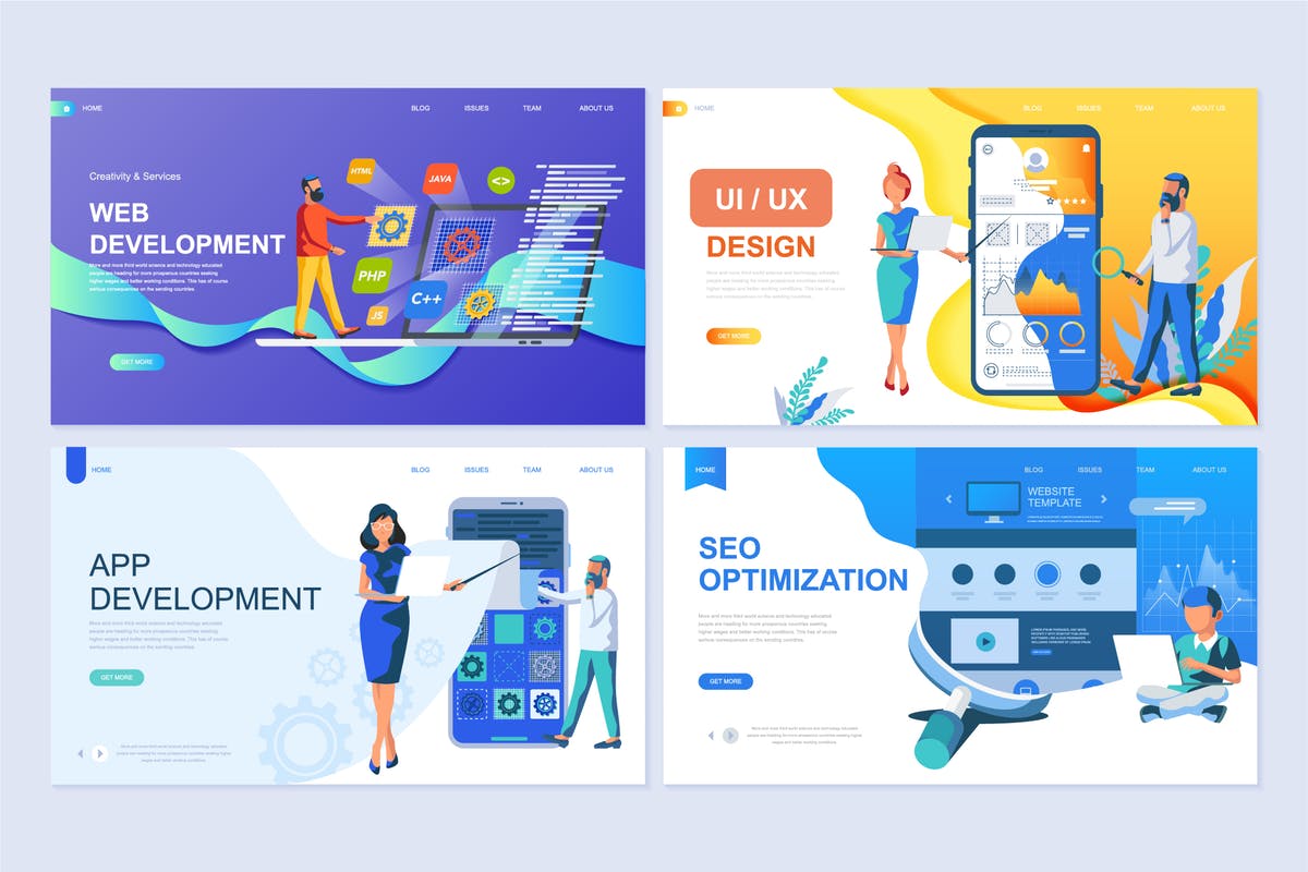 APP/网站设计开发主题扁平设计风格着陆页概念插画 Set of Landing Page Templates Flat Concept插图