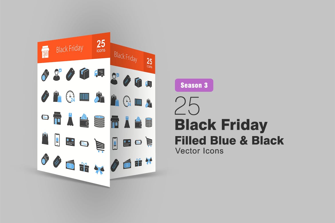 25枚黑色星期五主题蓝黑配色矢量填充图标 25 Black Friday Filled Blue & Black Icons插图