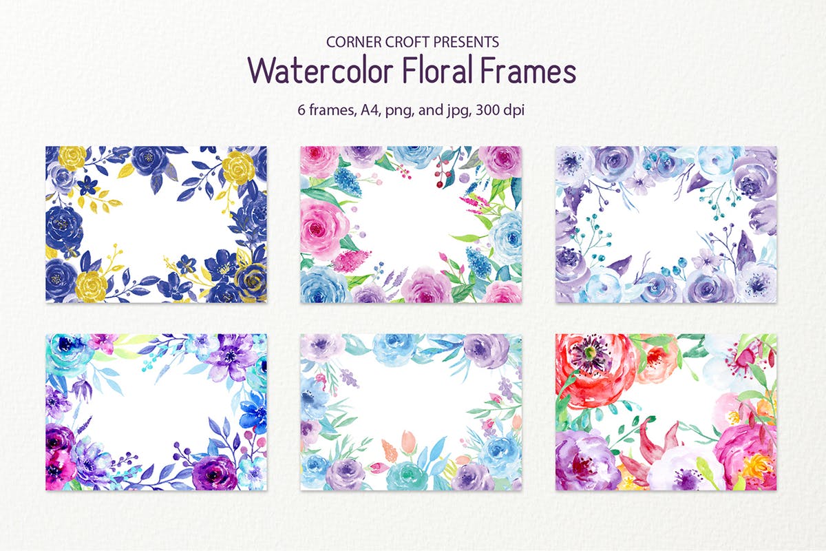 蓝色&紫色水彩花卉框架插画 Watercolor Floral Frame Blue and Purple插图