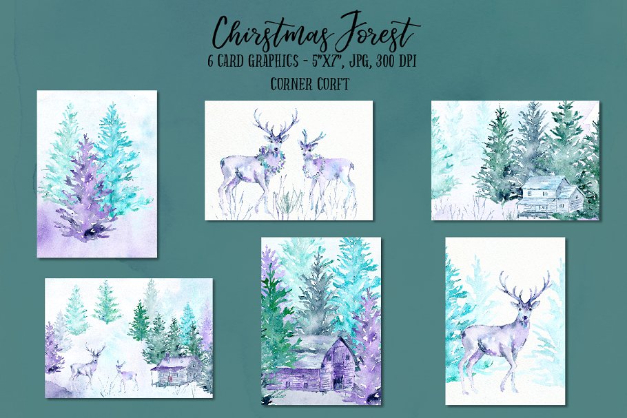 圣诞节奇幻森林水彩插画 Watercolor Christmas Forest插图3