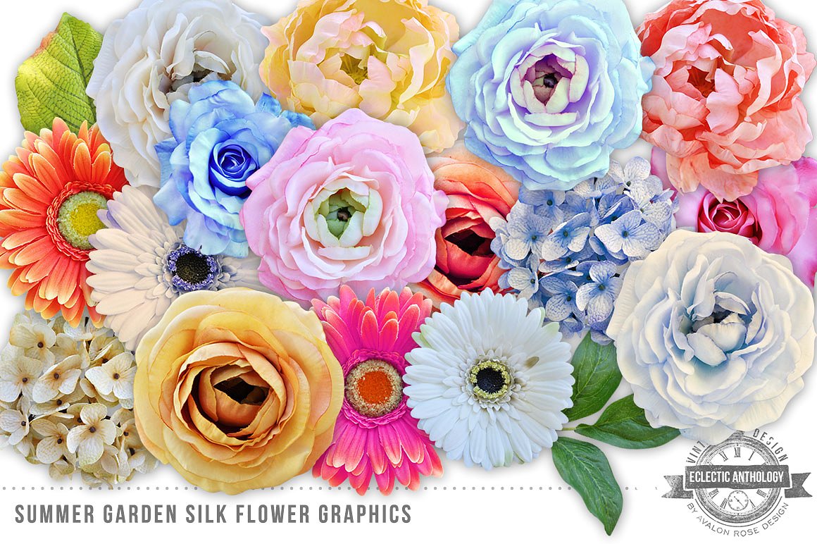 夏日花园丝绸花卉剪贴画 Summer Garden Silk Flowers Graphics插图