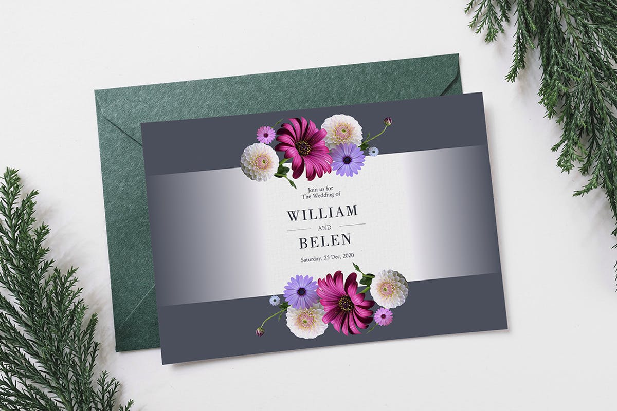 鲜花婚礼婚宴邀请函卡片模板 Floral Wedding Invitation Card插图