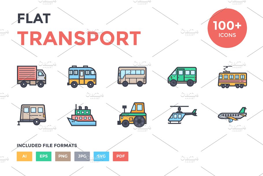 100+扁平化交通工具图标集 100+ Flat Transport Icons Set插图