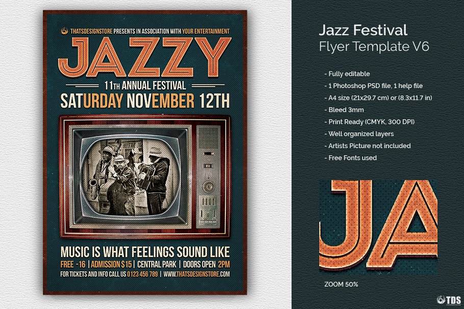 爵士音乐节海报宣传传单模板V6 Jazz Festival Flyer Template V6插图