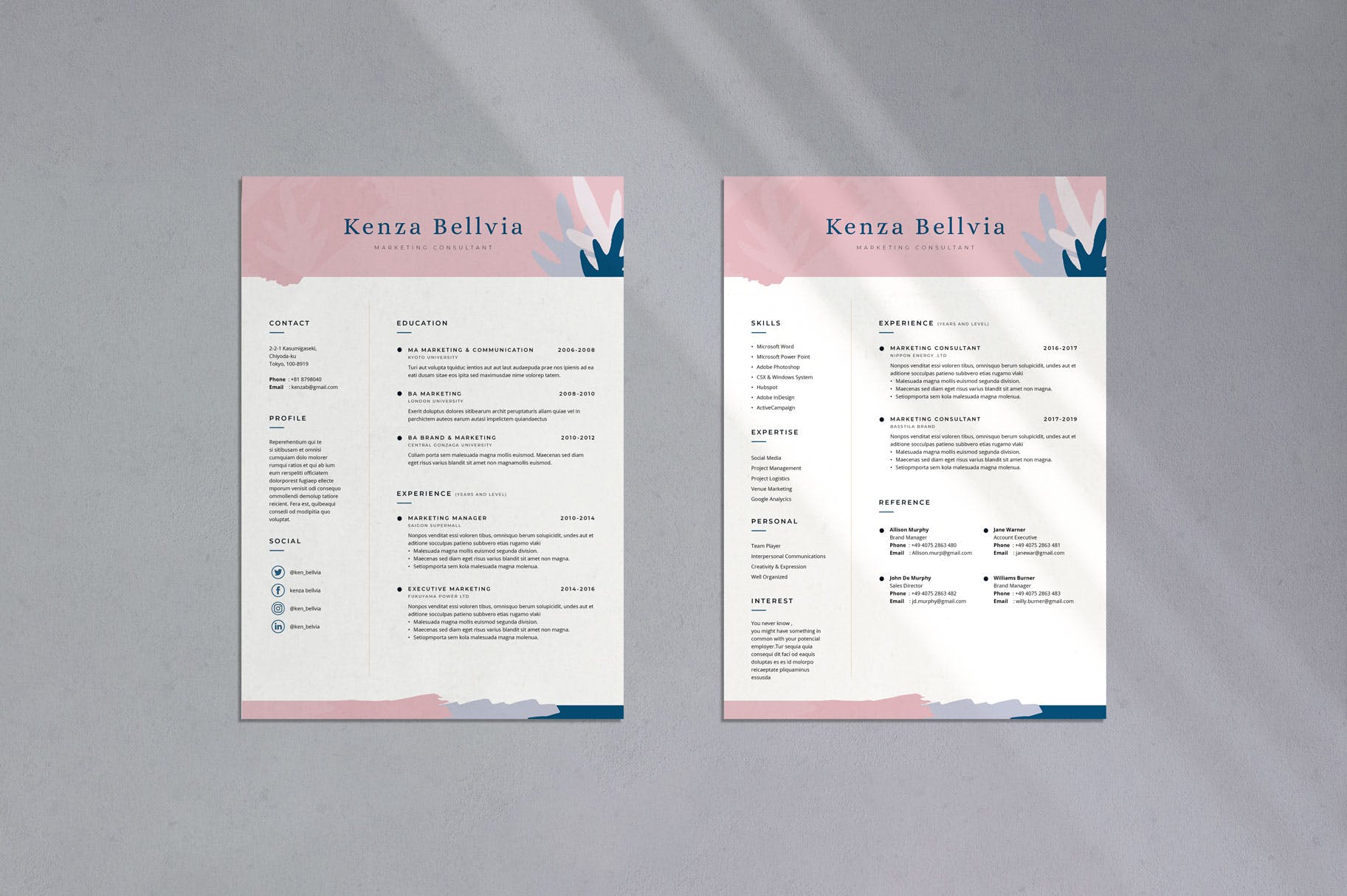 优雅水彩简约设计风格三页式个人简历设计模板 Professional CV Resume – 06插图1