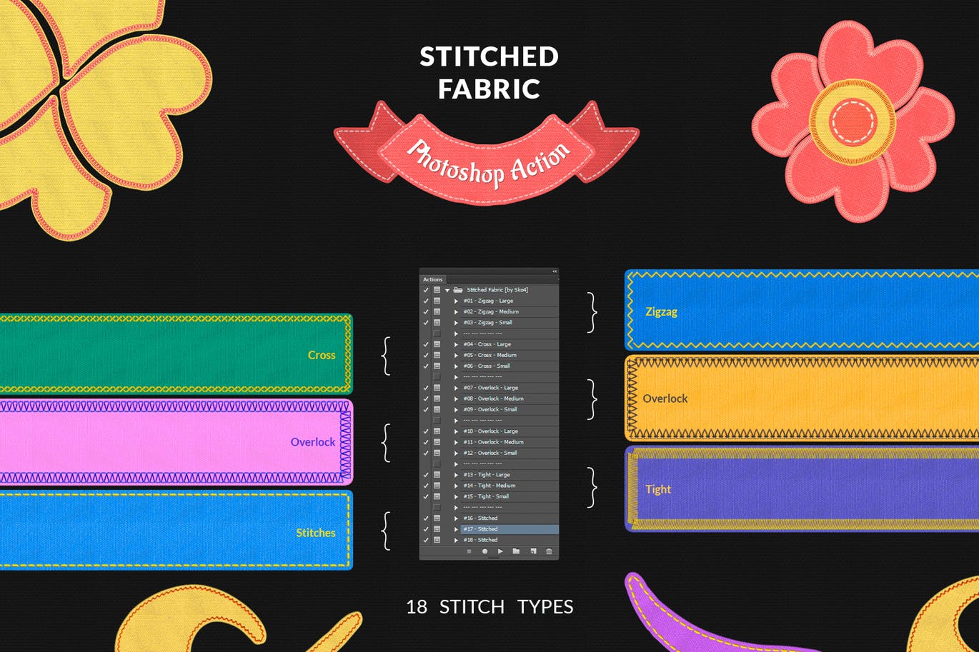 面料缝合缝线针织效果印花图案设计PS动作 Stitched Fabric Photoshop Action插图(4)