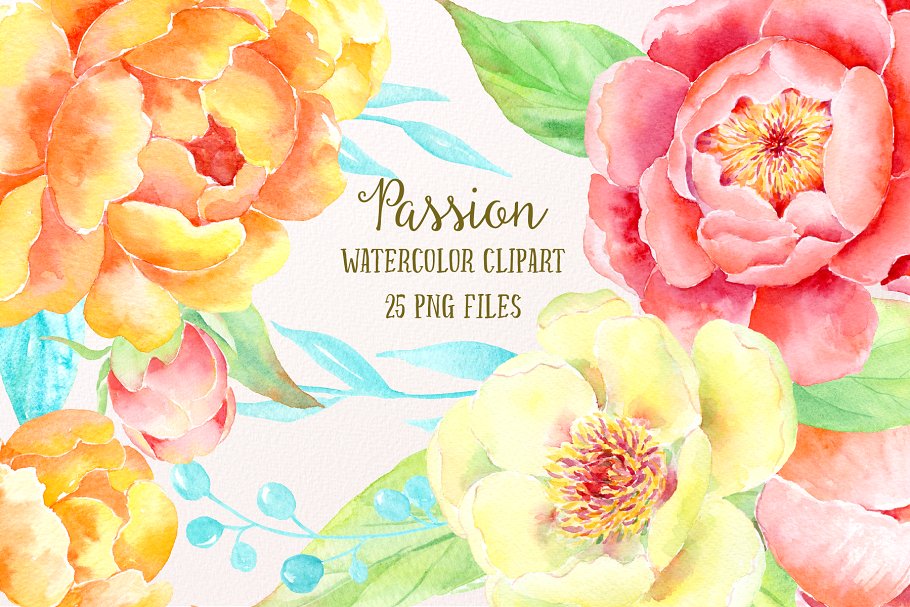 激情水彩牡丹插画艺术合集 Watercolor Clipart Peony Passion插图