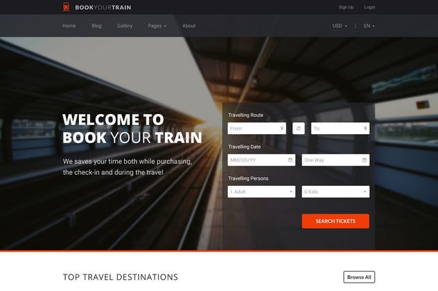 交通出行在线订票系统PSD网站模板 Book Your Train – Online Booking PSD Template插图(1)