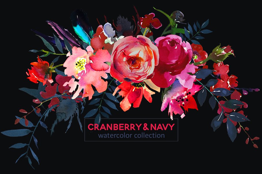 红色海军蓝波希米亚水彩花卉剪贴画 Red Navy Boho Watercolor Flowers插图12