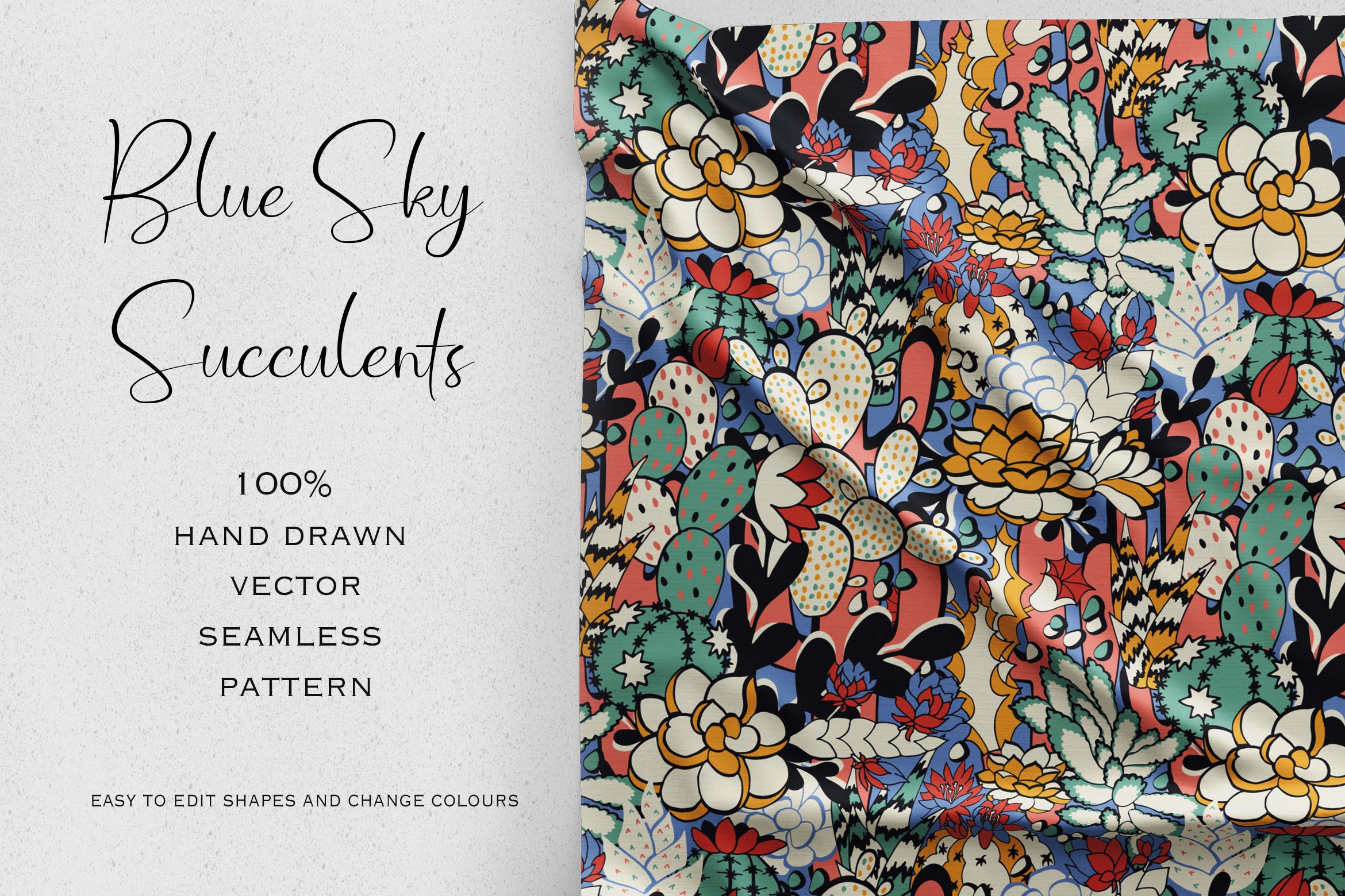 多肉植物彩绘图案无缝贴图背景素材 Blue Sky Succulents插图