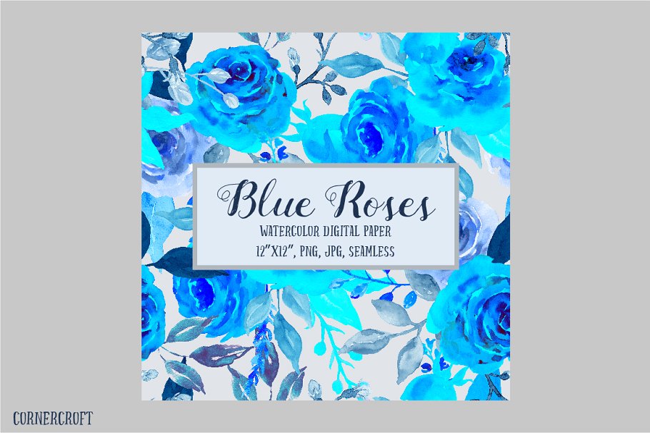 蓝色水彩玫瑰插画图案纸张纹理 Digital Paper Watercolor Blue Rose插图5
