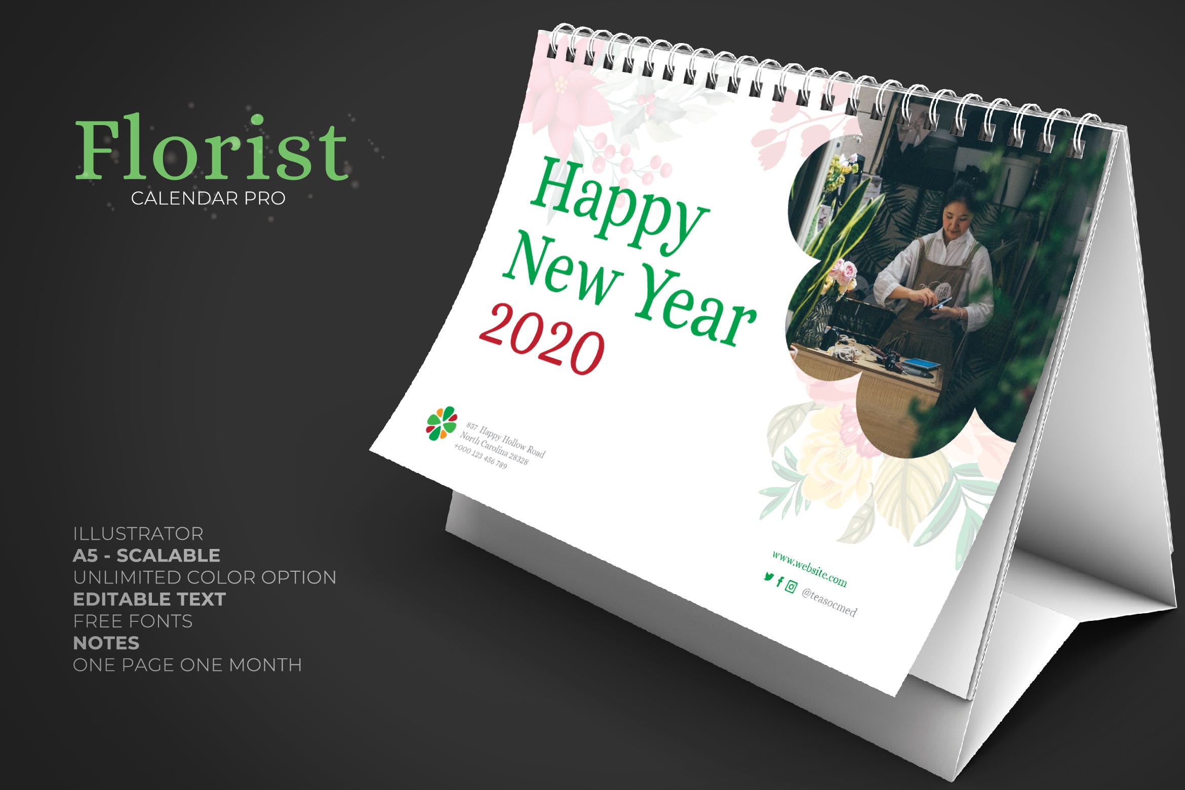 2020年花卉主题翻页台历设计模板 2020 Clean Florist Calendar Pro插图