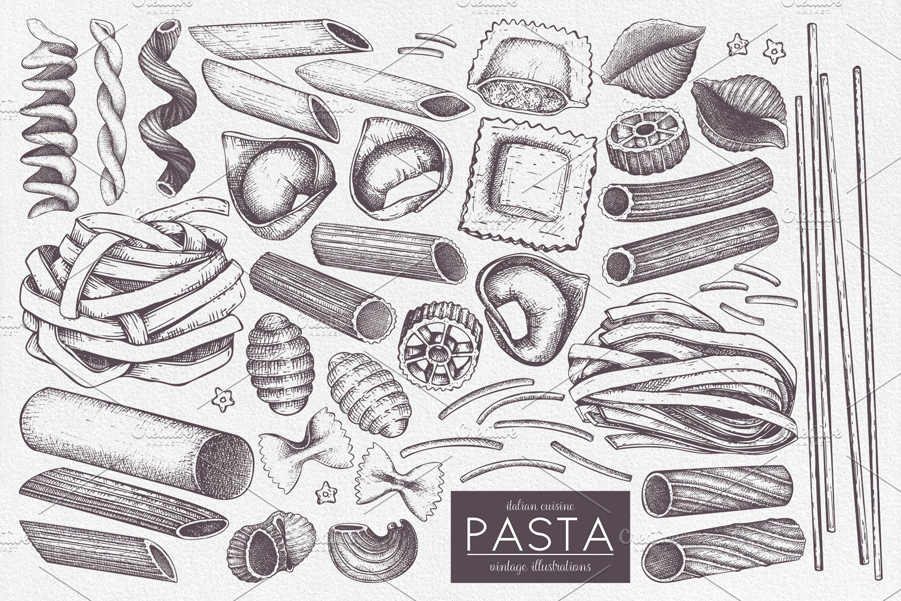 意大利面食和通心粉矢量插画 Vector Pasta & Macaroni Collection插图1